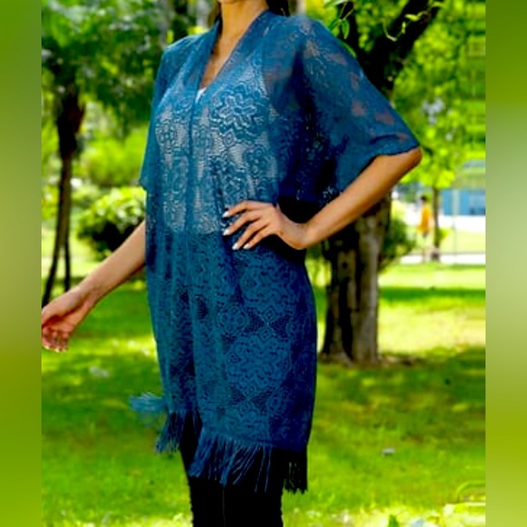 Blue Denim Lace Kimono with Fringe, Open Front, OSFM -Missy Size - Picture 1 of 3